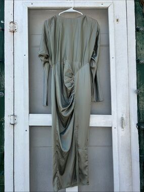 Olive Green Long Sleeve Ruched Midi satin Dress